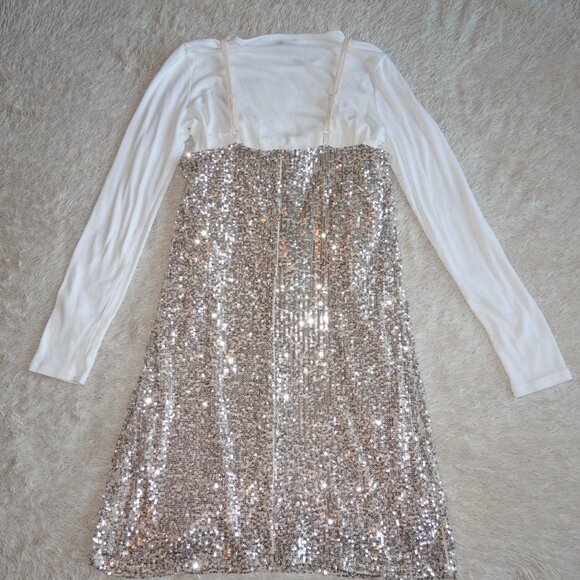 Girls Size 10/12 Art Class Sequin Sparkle Neutral Cream Beige Dress with Shirt - Picture 3 of 4